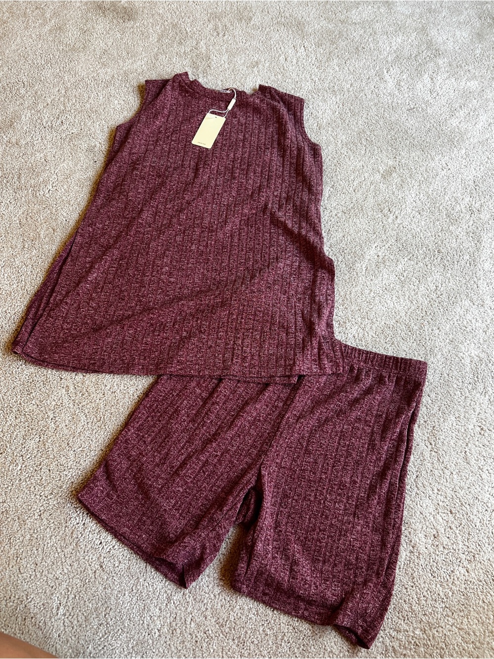 Sleeveless Ribbed Lounge Shorts Set - Wine